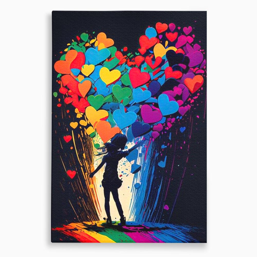 Tablou canvas cu tablou canvas cu silueta si inimi colorate, fara rama, pe sasiu de lemn